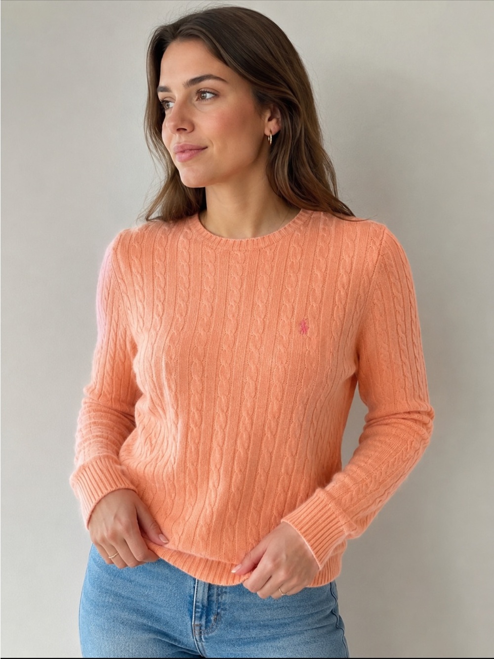 Lauren Ralph Lauren 100% Cashmere Peach Cable Knit Sweater Quiet Luxury